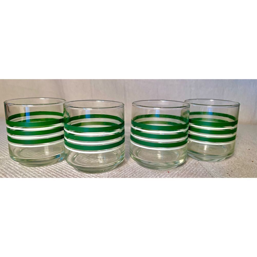 Lot of 4 Libbey Retro Green And White Small Striped Juice Glasses 3" Tall EVC